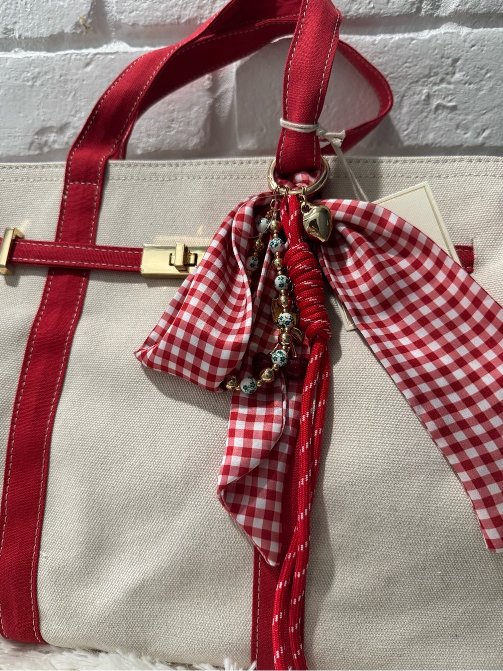 Canvas Tote Bag with Red Trim and Charms - Picture 3 of 7